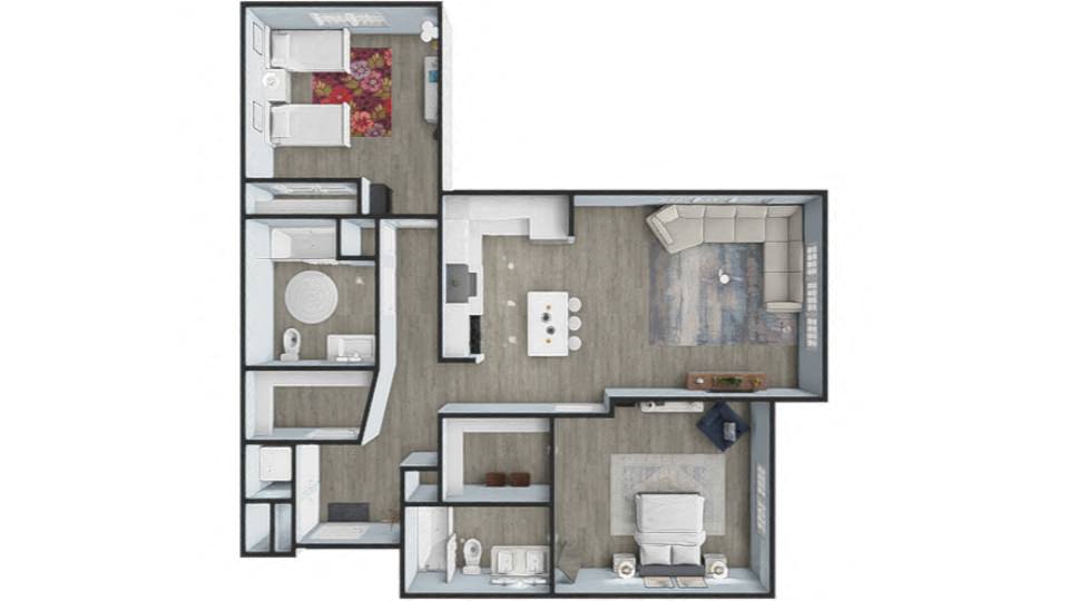 Floor plan for 2 beds, 2 baths, 1131 sqft